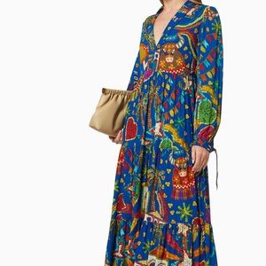 Farm Rio Blue Folk Party Maxi Dress Size S
